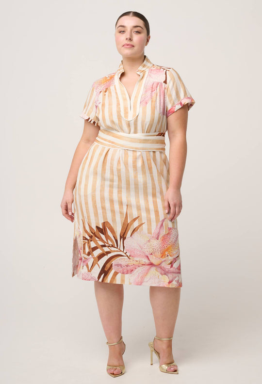Corrine Viscose Linen Column Dress in Golden Promenade