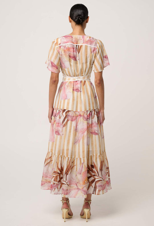 Clea Cotton Silk Tiered Dress in Golden Promenade