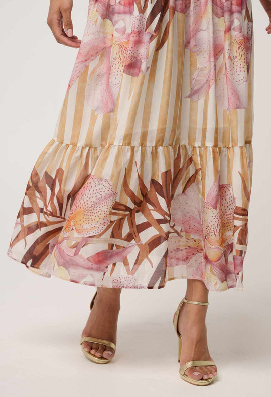 Clea Cotton Silk Tiered Dress in Golden Promenade