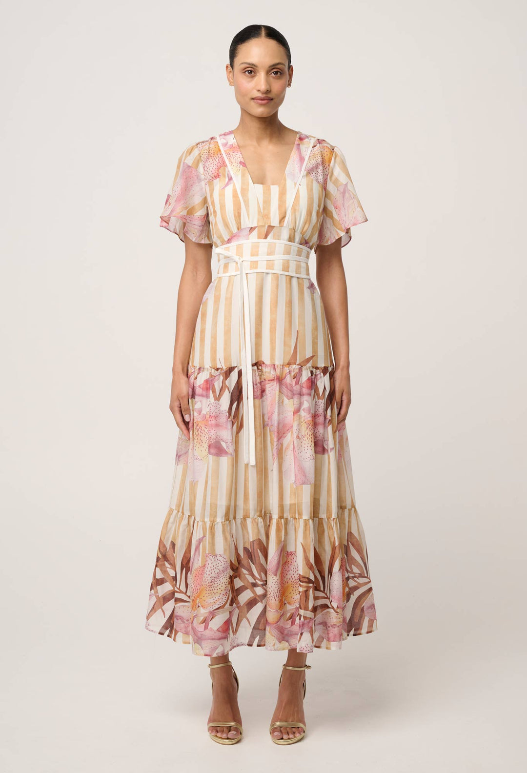 Clea Cotton Silk Tiered Dress in Golden Promenade