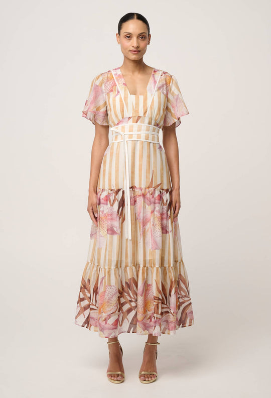 Clea Cotton Silk Tiered Dress in Golden Promenade