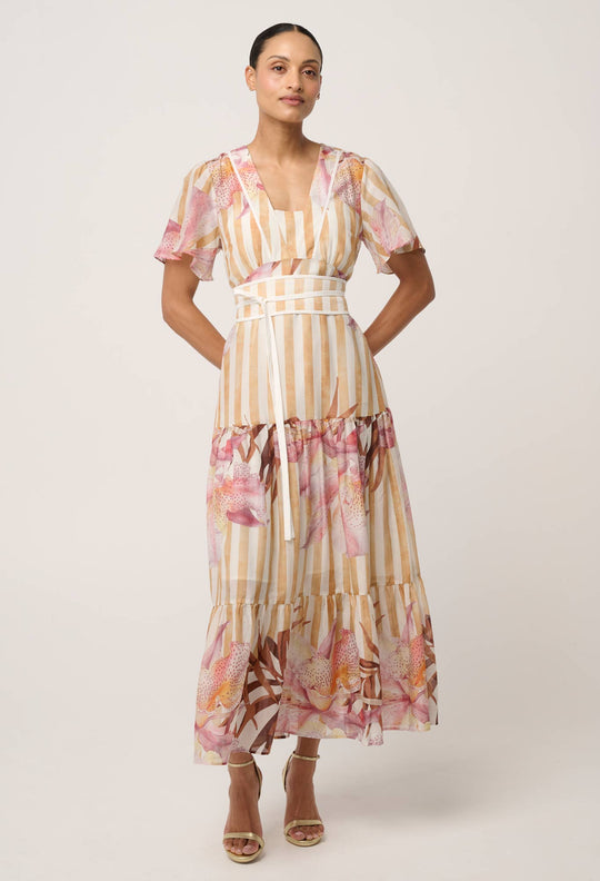 Clea Cotton Silk Tiered Dress in Golden Promenade