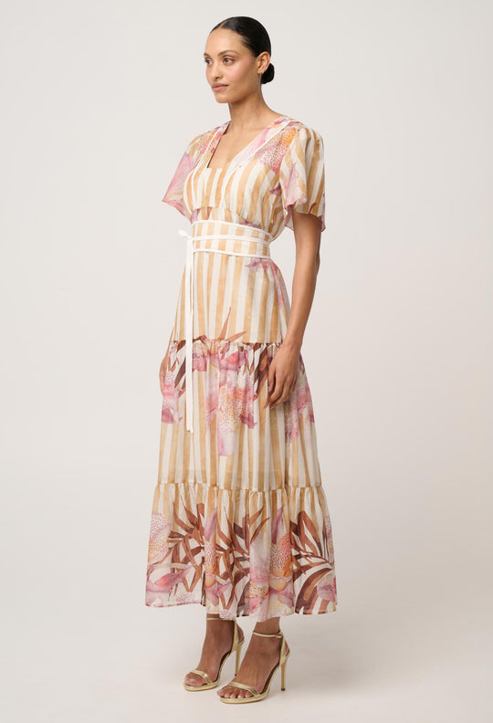 Clea Cotton Silk Tiered Dress in Golden Promenade