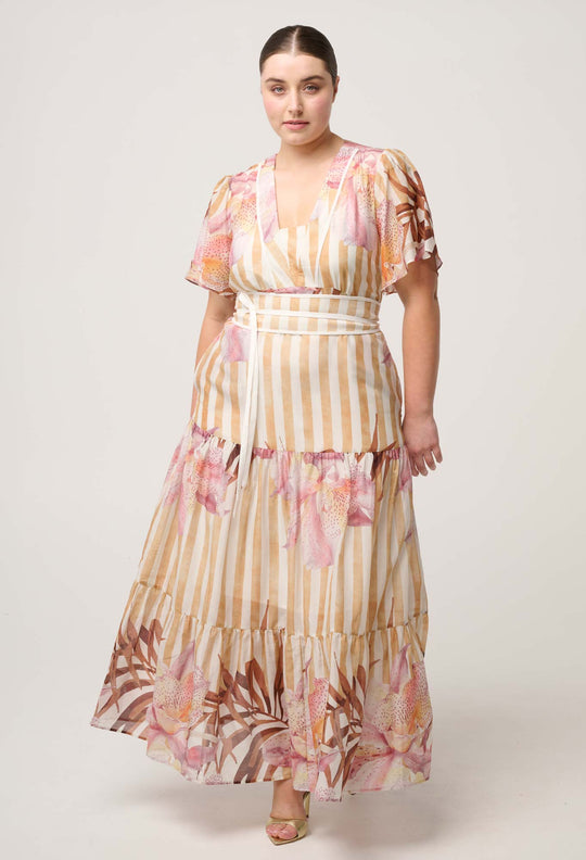 Clea Cotton Silk Tiered Dress in Golden Promenade