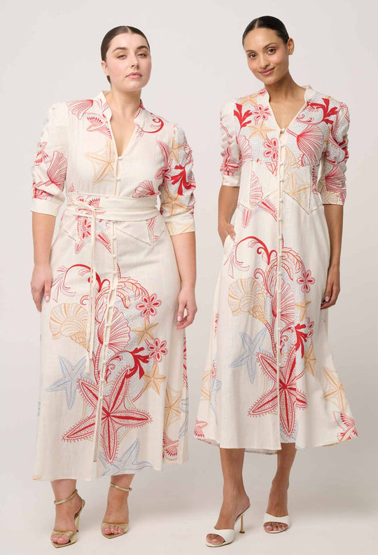 Xenia Viscose Linen Lace Trim Dress in Maritime Jewel