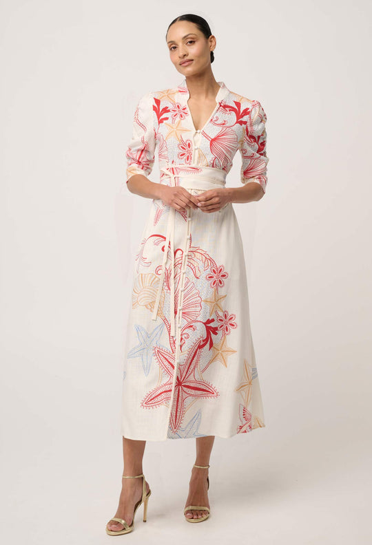 Xenia Viscose Linen Lace Trim Dress in Maritime Jewel