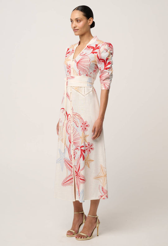 Xenia Viscose Linen Lace Trim Dress in Maritime Jewel