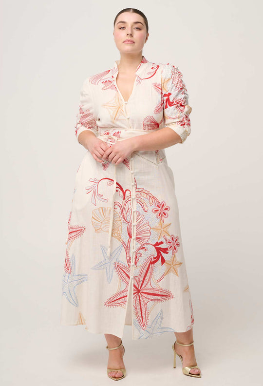 Xenia Viscose Linen Lace Trim Dress in Maritime Jewel