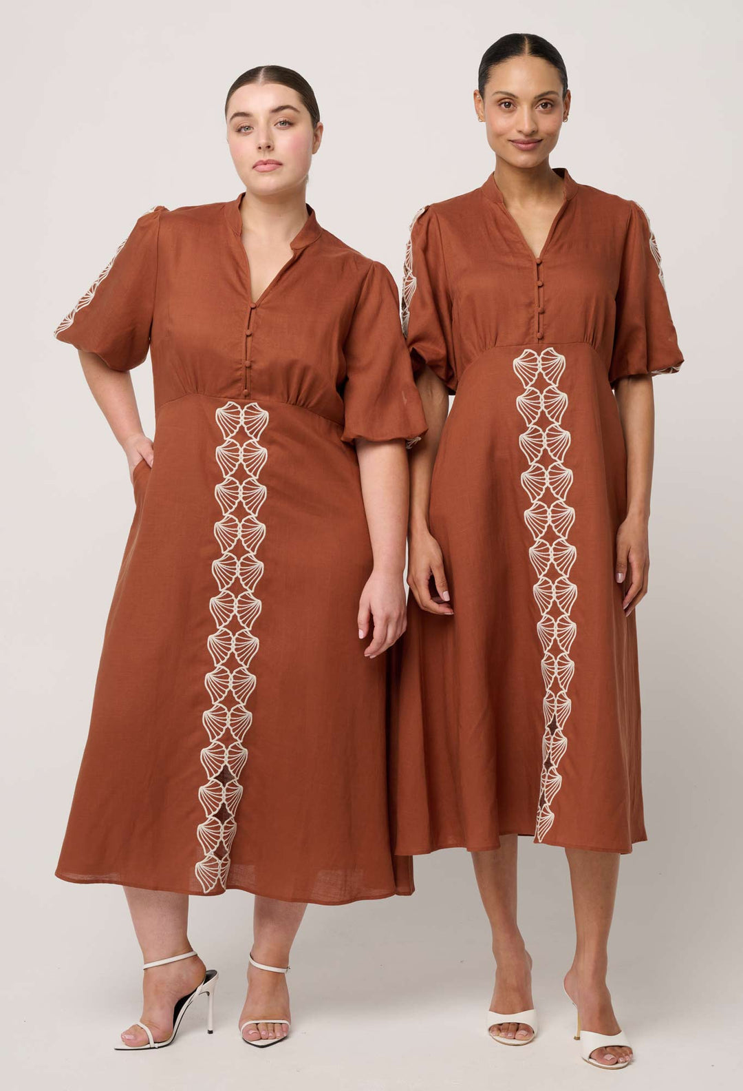 Marcelle Tencel Linen Embroidered Dress in Caramel