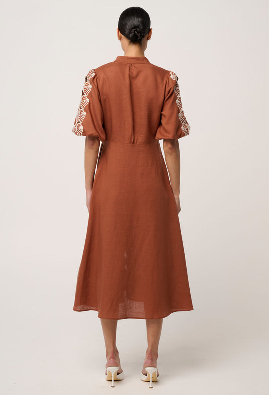 Marcelle Tencel Linen Embroidered Dress in Caramel