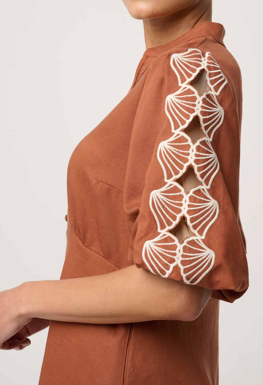 Marcelle Tencel Linen Embroidered Dress in Caramel