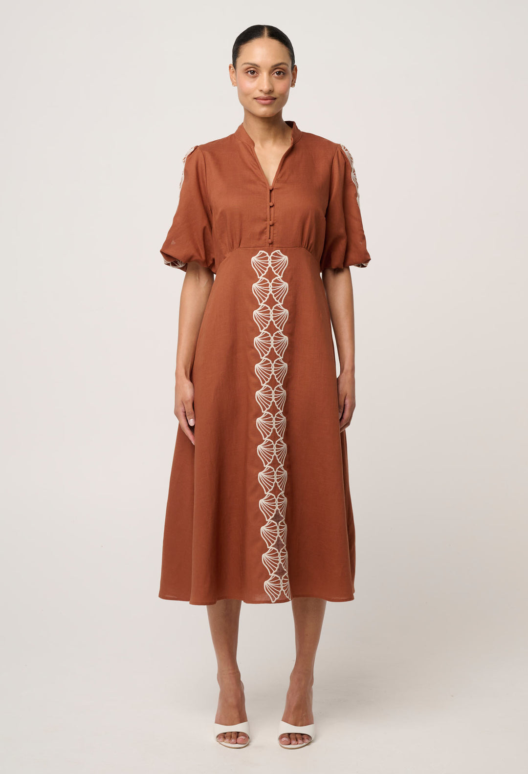 Marcelle Tencel Linen Embroidered Dress in Caramel