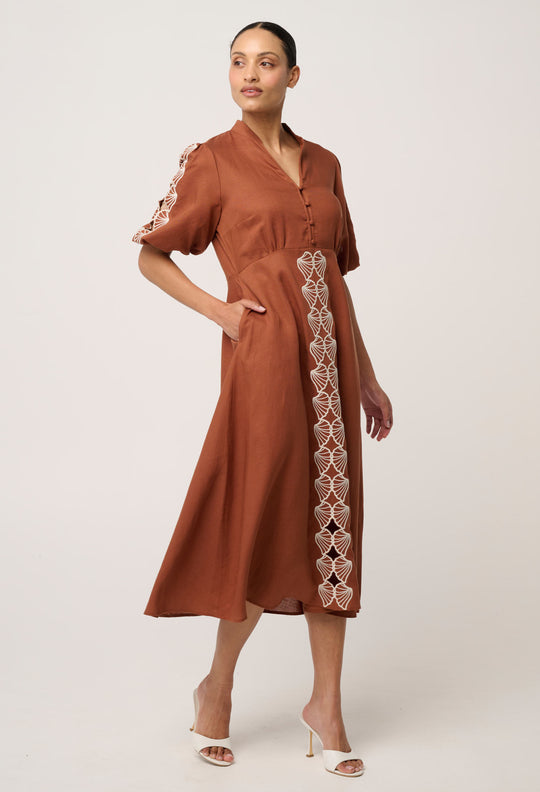 Marcelle Tencel Linen Embroidered Dress in Caramel