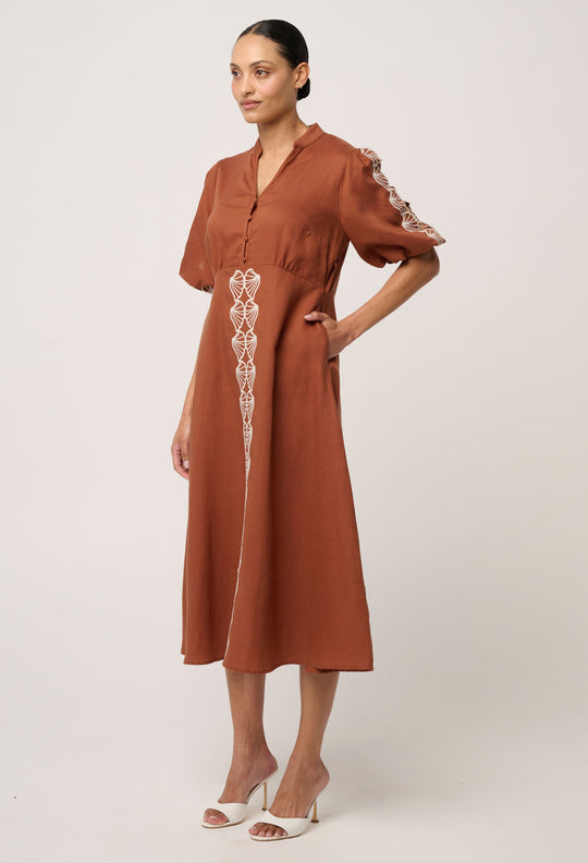 Marcelle Tencel Linen Embroidered Dress in Caramel