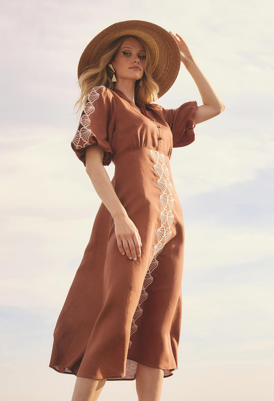 Marcelle Tencel Linen Embroidered Dress in Caramel