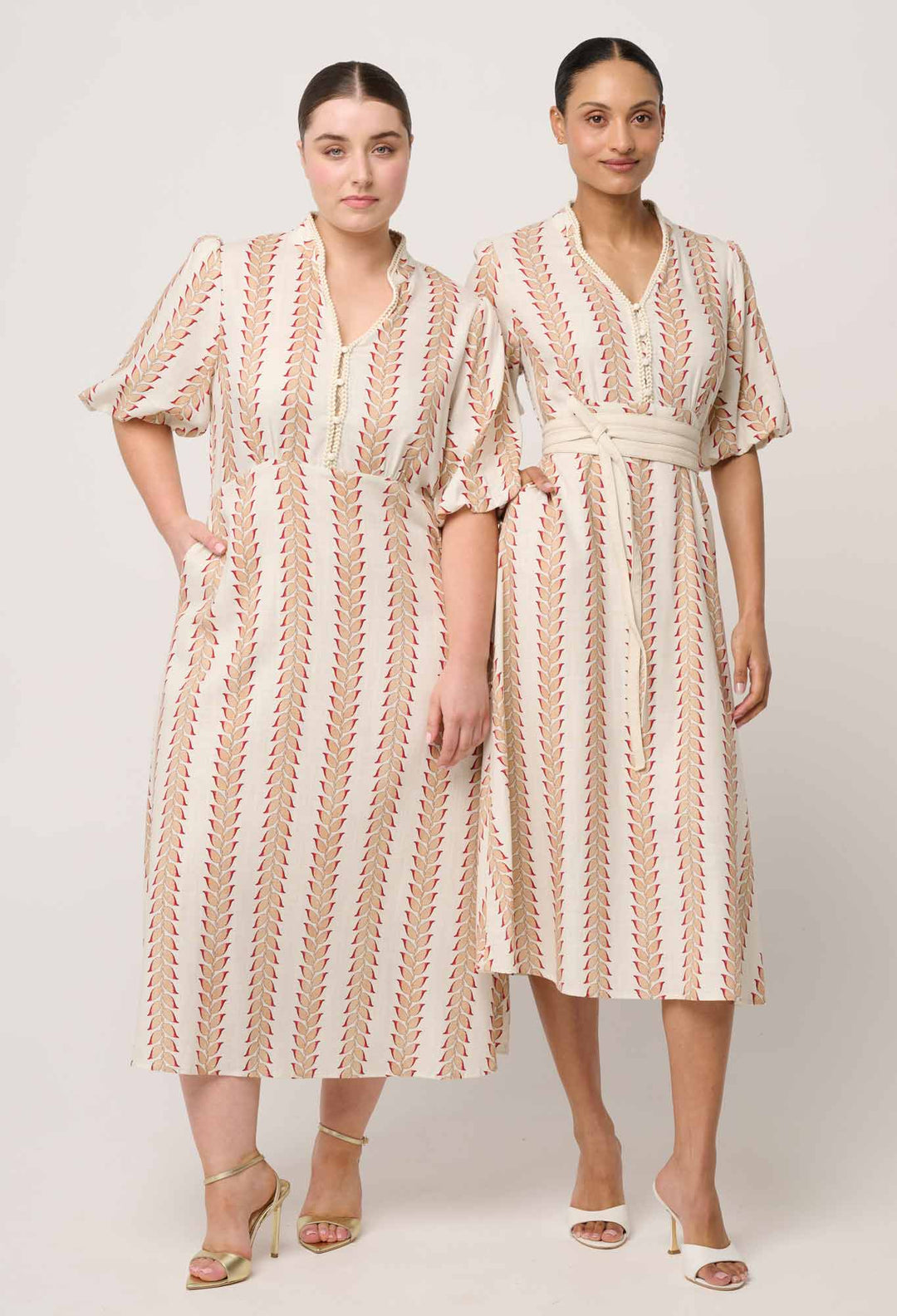 Marcelle Braided Trim Viscose Linen Dress in Gilded Frond