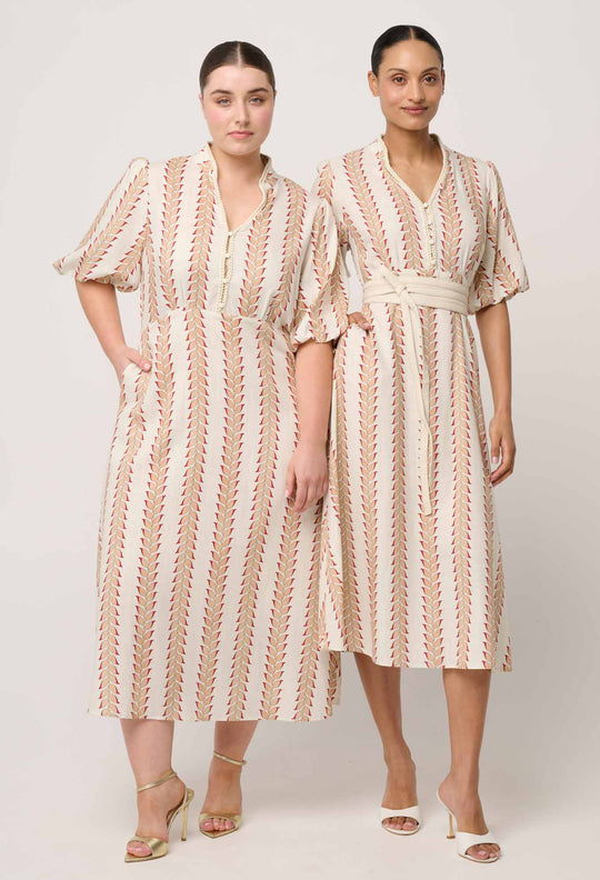 Marcelle Braided Trim Viscose Linen Dress in Gilded Frond