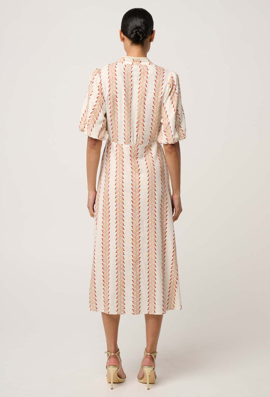 Marcelle Braided Trim Viscose Linen Dress in Gilded Frond