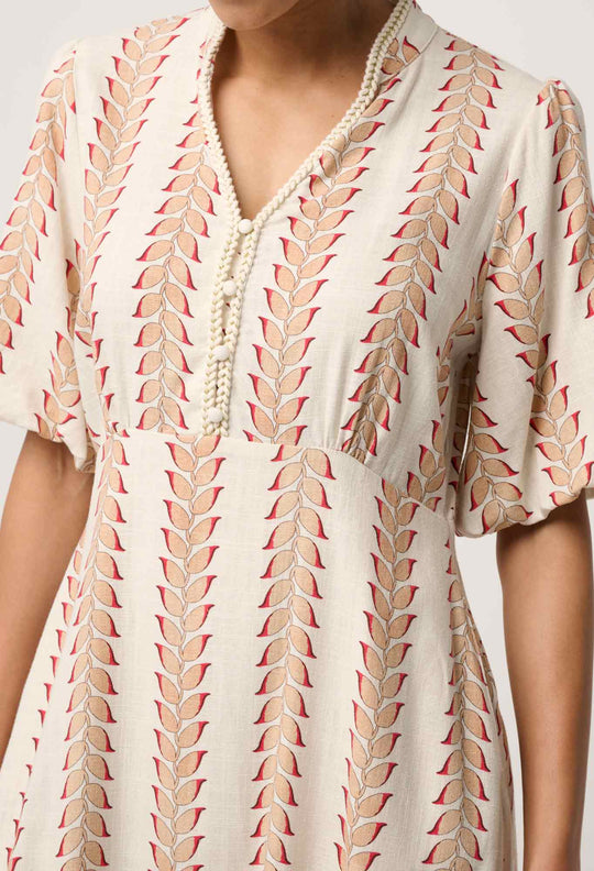 Marcelle Braided Trim Viscose Linen Dress in Gilded Frond