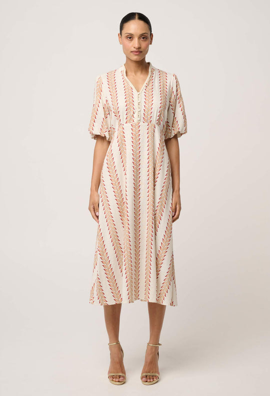 Marcelle Braided Trim Viscose Linen Dress in Gilded Frond
