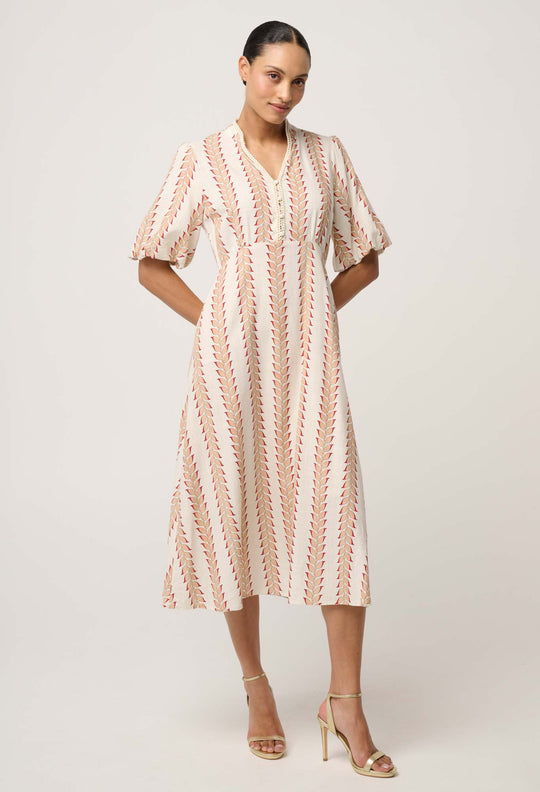 Marcelle Braided Trim Viscose Linen Dress in Gilded Frond