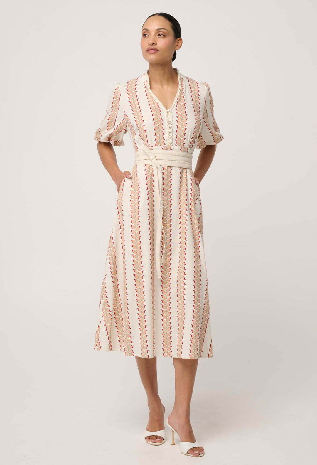 Marcelle Braided Trim Viscose Linen Dress in Gilded Frond