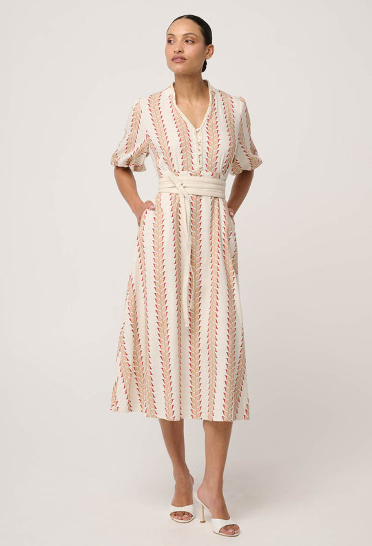 Marcelle Braided Trim Viscose Linen Dress in Gilded Frond