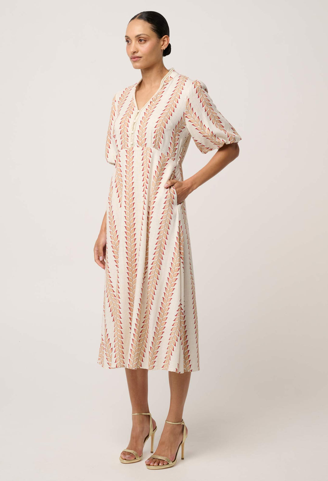 Marcelle Braided Trim Viscose Linen Dress in Gilded Frond