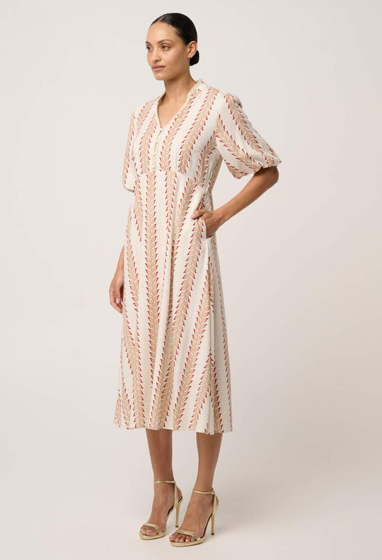 Marcelle Braided Trim Viscose Linen Dress in Gilded Frond