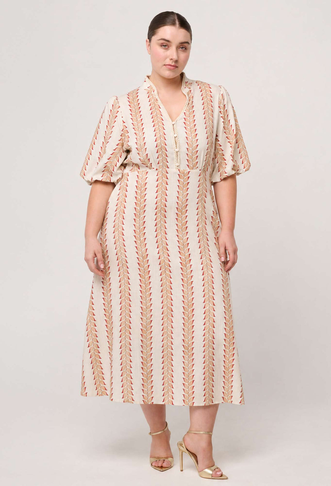 Marcelle Braided Trim Viscose Linen Dress in Gilded Frond