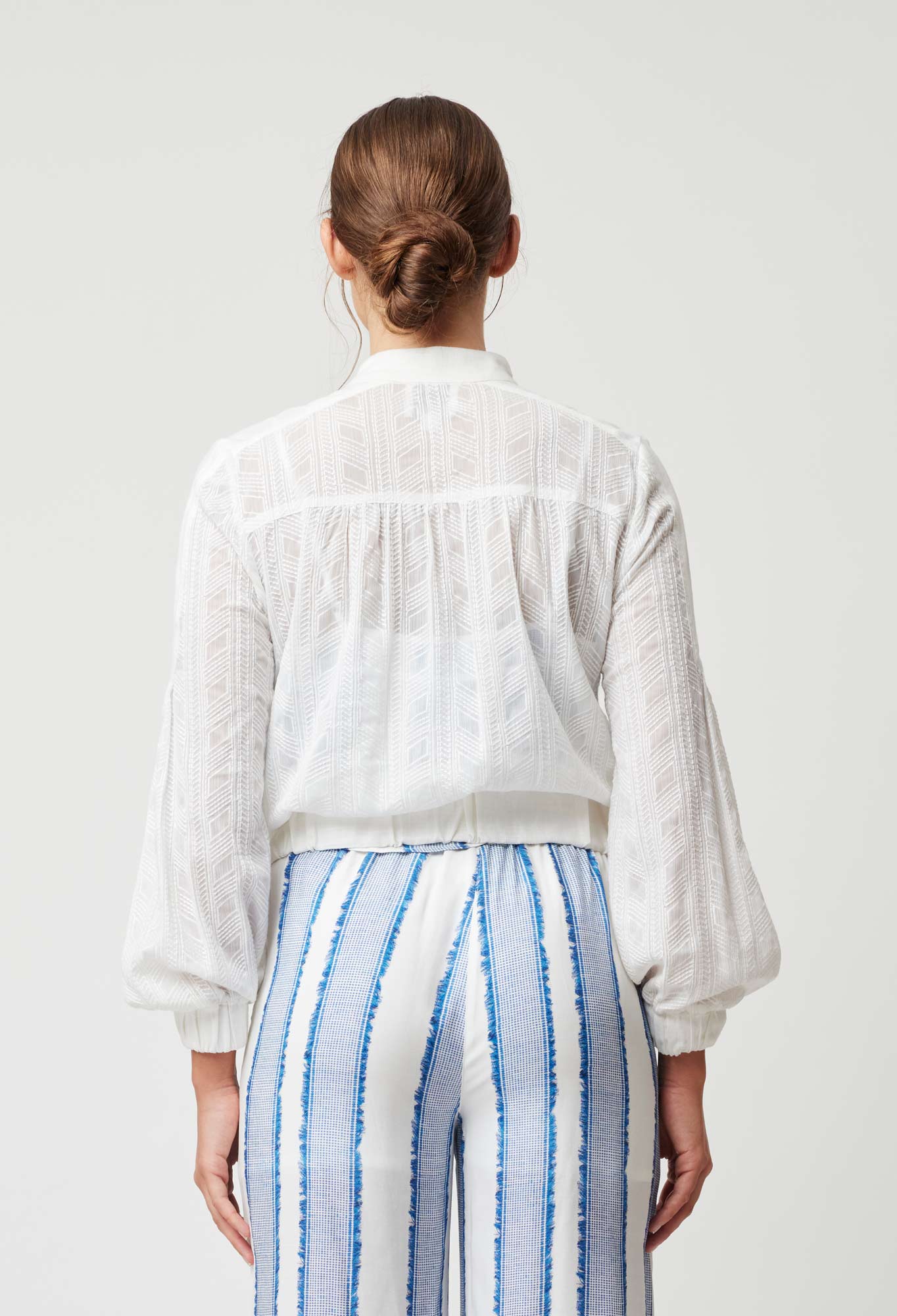 OnceWas Margot Embroidered Chiffon Bomber in White