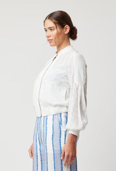 OnceWas Margot Embroidered Chiffon Bomber in White