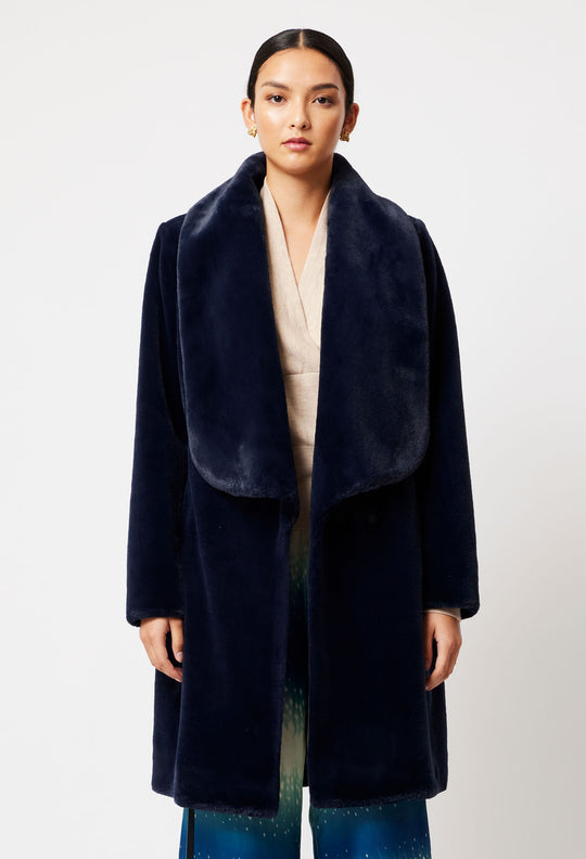 OnceWas Serena Faux Fur Coat in Navy