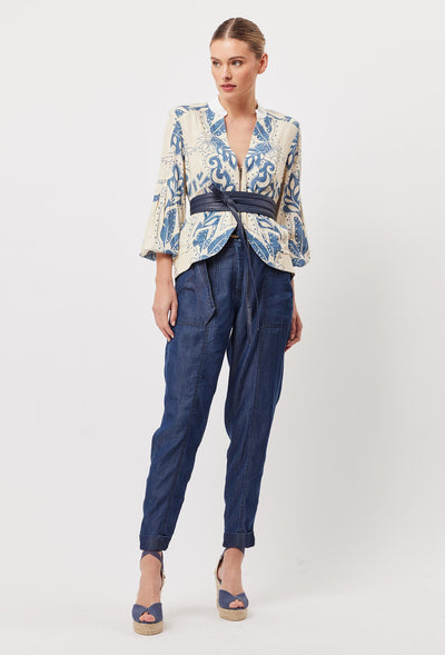 OnceWas Jolie Linen Viscose Jacket in Del Sol Azure