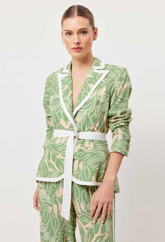 OnceWas Granada Linen Viscose Peplum Blazer in Jungle Tropico