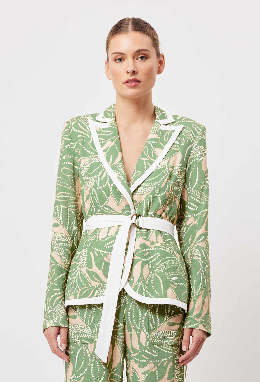 OnceWas Granada Linen Viscose Peplum Blazer in Jungle Tropico