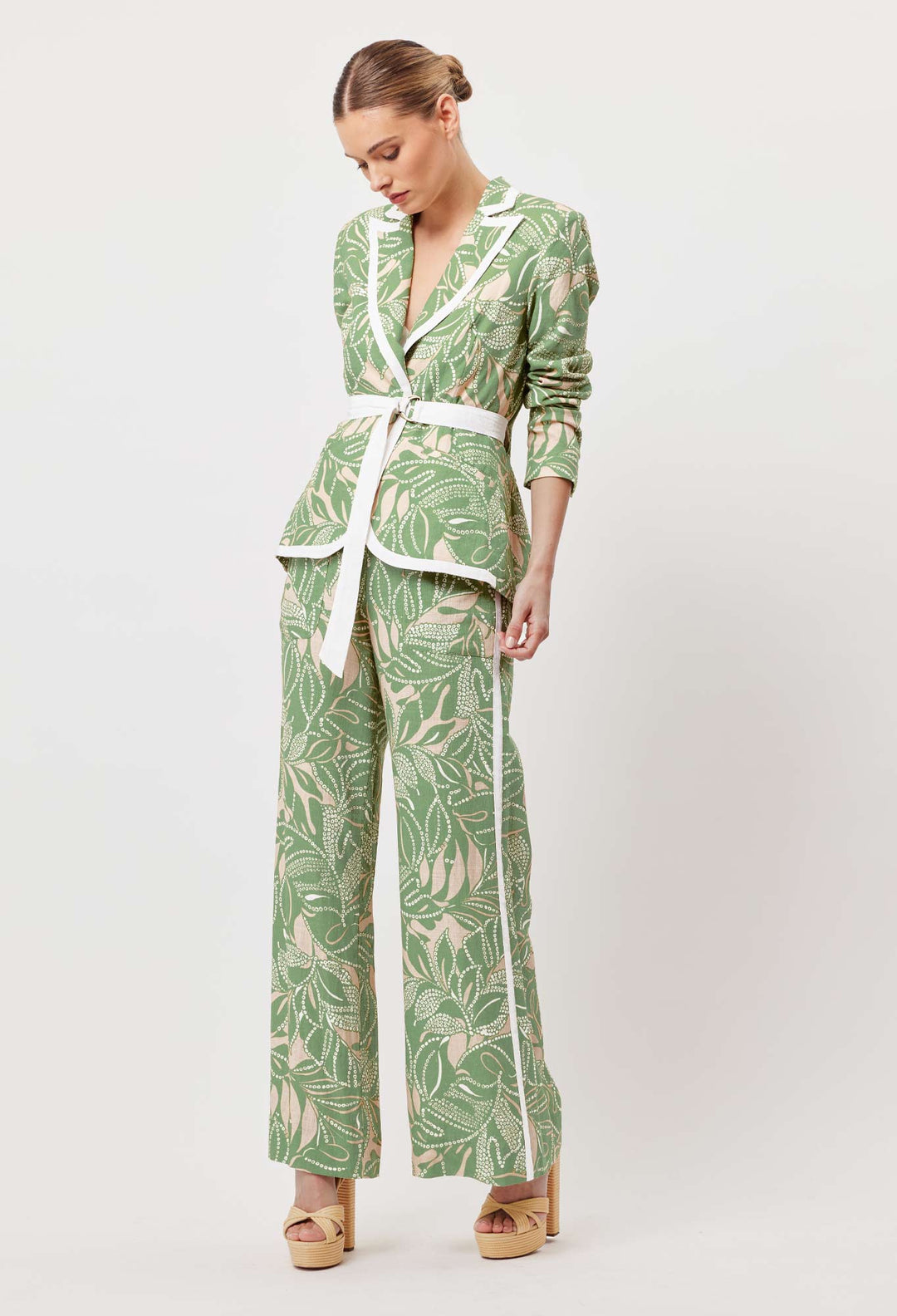 OnceWas Granada Linen Viscose Peplum Blazer in Jungle Tropico