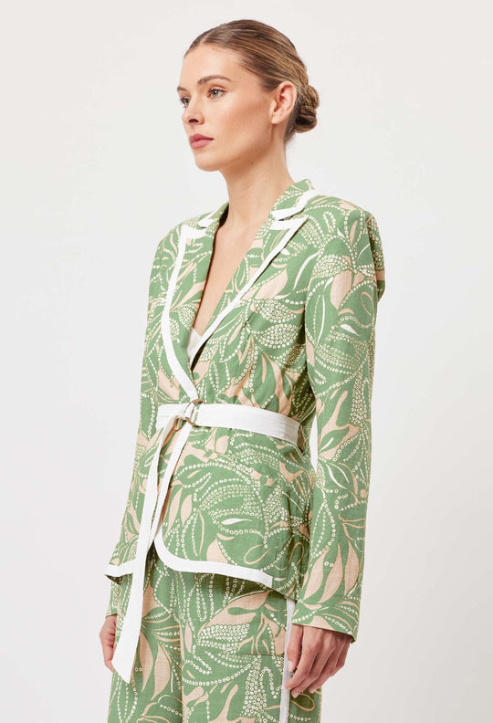 OnceWas Granada Linen Viscose Peplum Blazer in Jungle Tropico