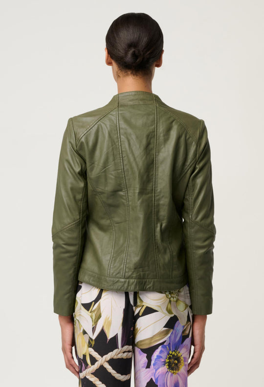 Nova Leather Curved Hem Jacket in Moss