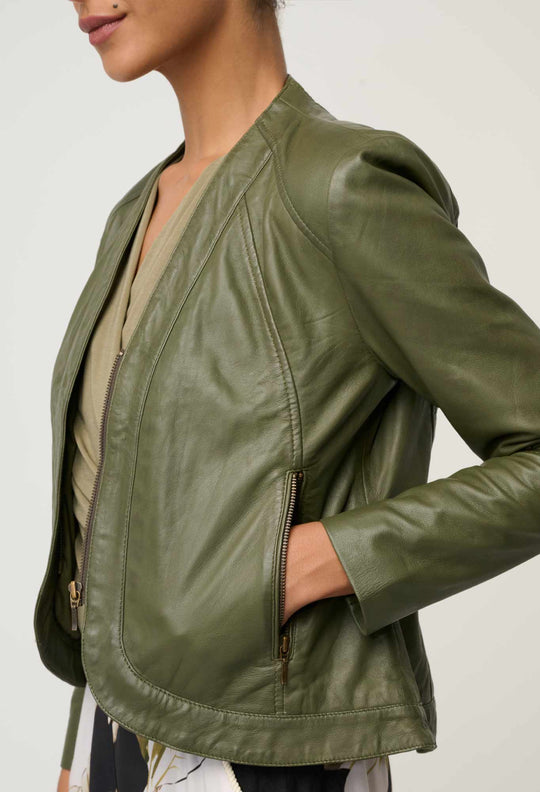 Nova Leather Curved Hem Jacket in Moss