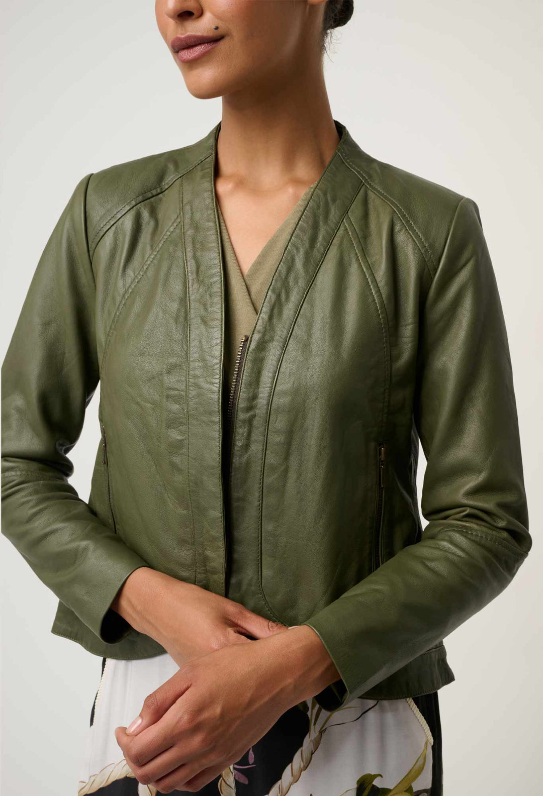 Nova Leather Curved Hem Jacket in Moss