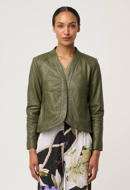Nova Leather Curved Hem Jacket in Moss