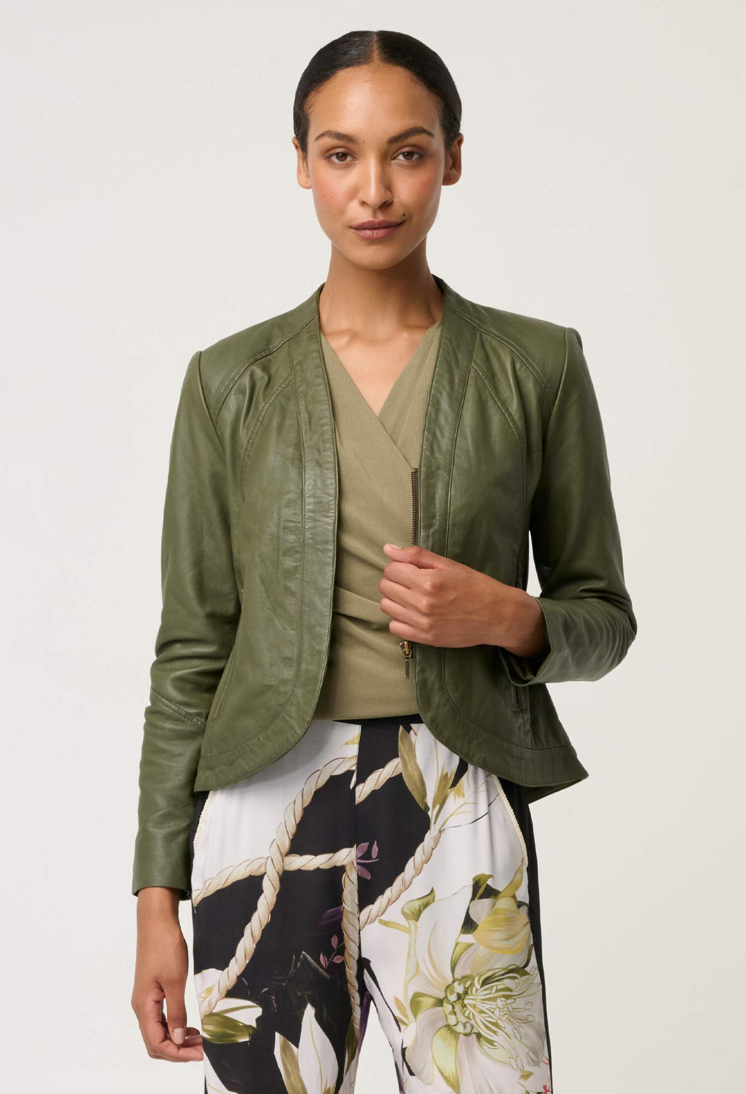 Nova Leather Curved Hem Jacket in Moss
