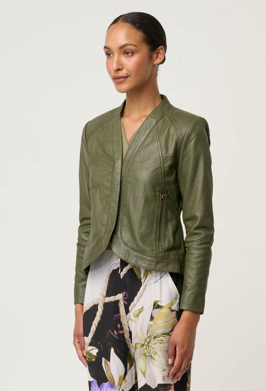 Nova Leather Curved Hem Jacket in Moss