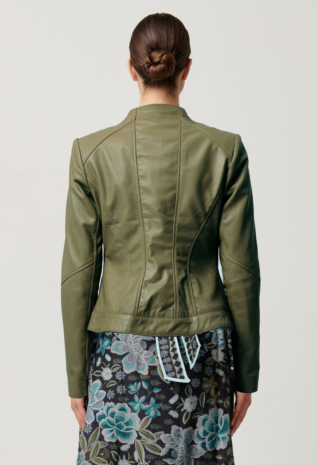 OnceWas Nova Leather Curved Hem Jacket in Moss