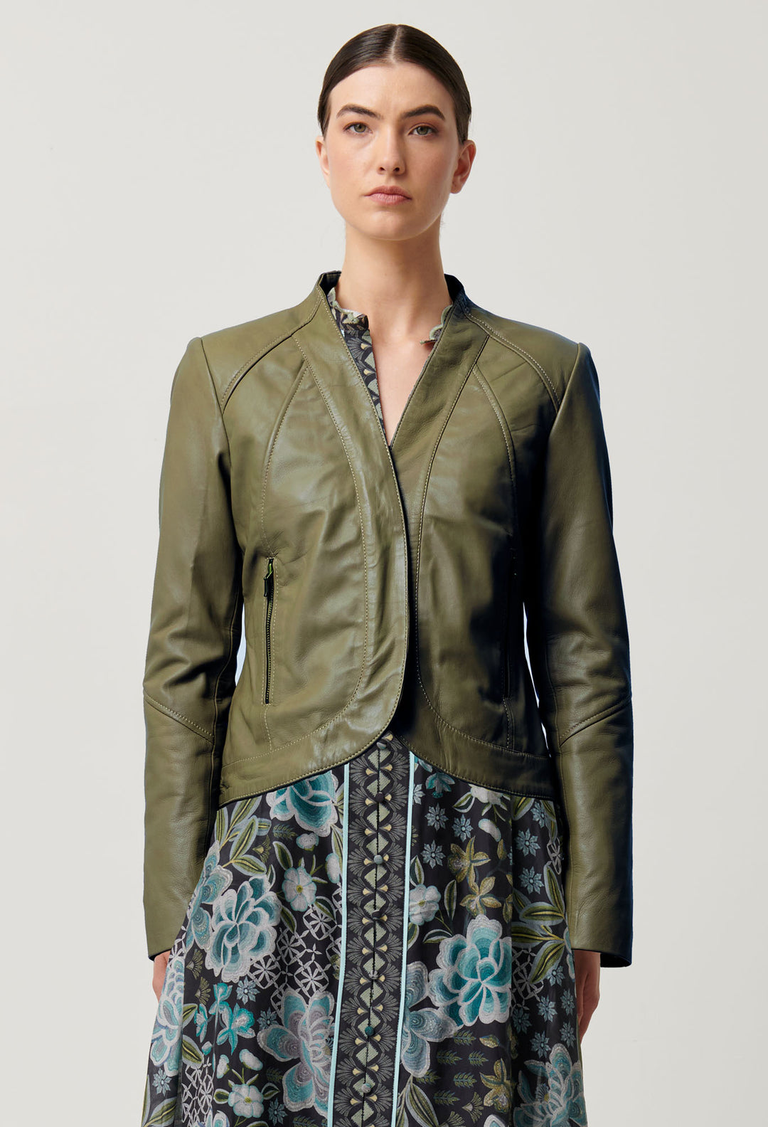 OnceWas Nova Leather Curved Hem Jacket in Moss