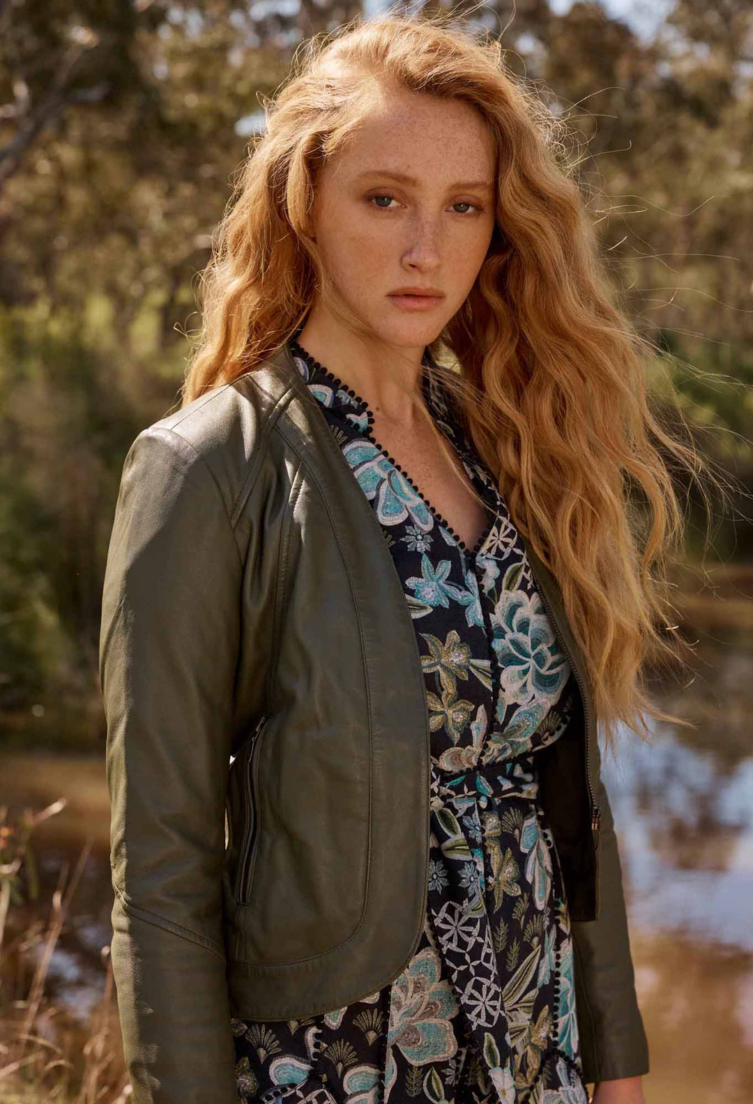 OnceWas PETITE Nova Leather Curved Hem Jacket in Moss