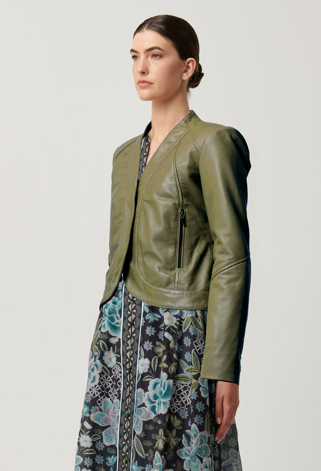 OnceWas Nova Leather Curved Hem Jacket in Moss