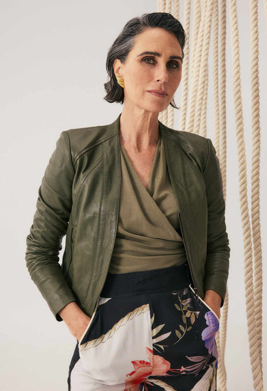 Nova Leather Curved Hem Jacket in Moss