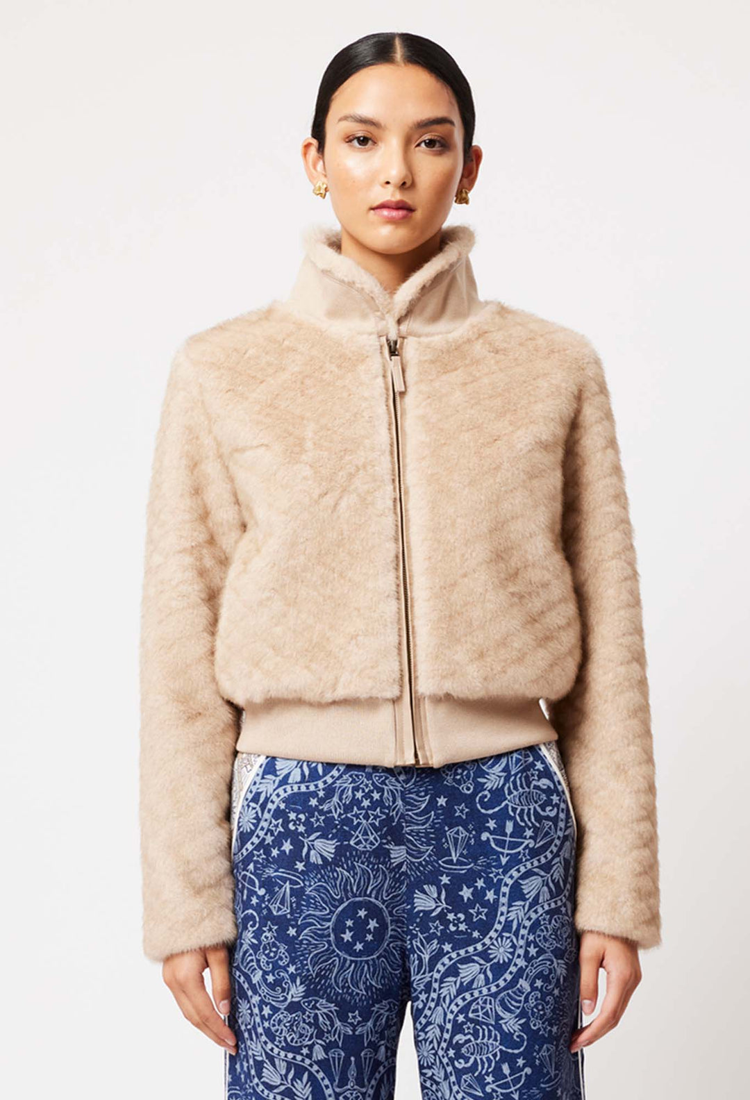 OnceWas Stella Faux Fur Bomber Jacket in Fawn